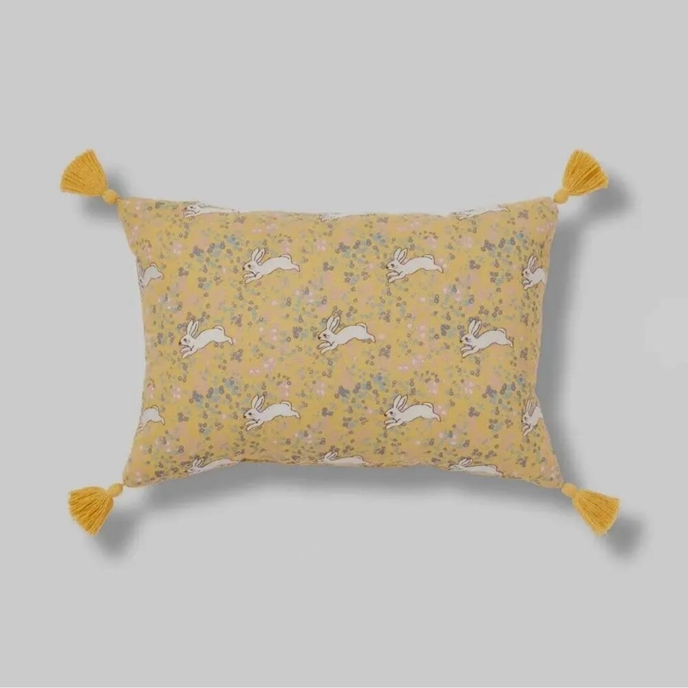 threshold embroidered bunny yellow pillow with tassels 14”x20”